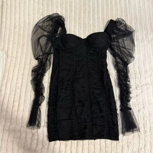 Haute Monde Black Dress with Sheer Puff Sleeves
